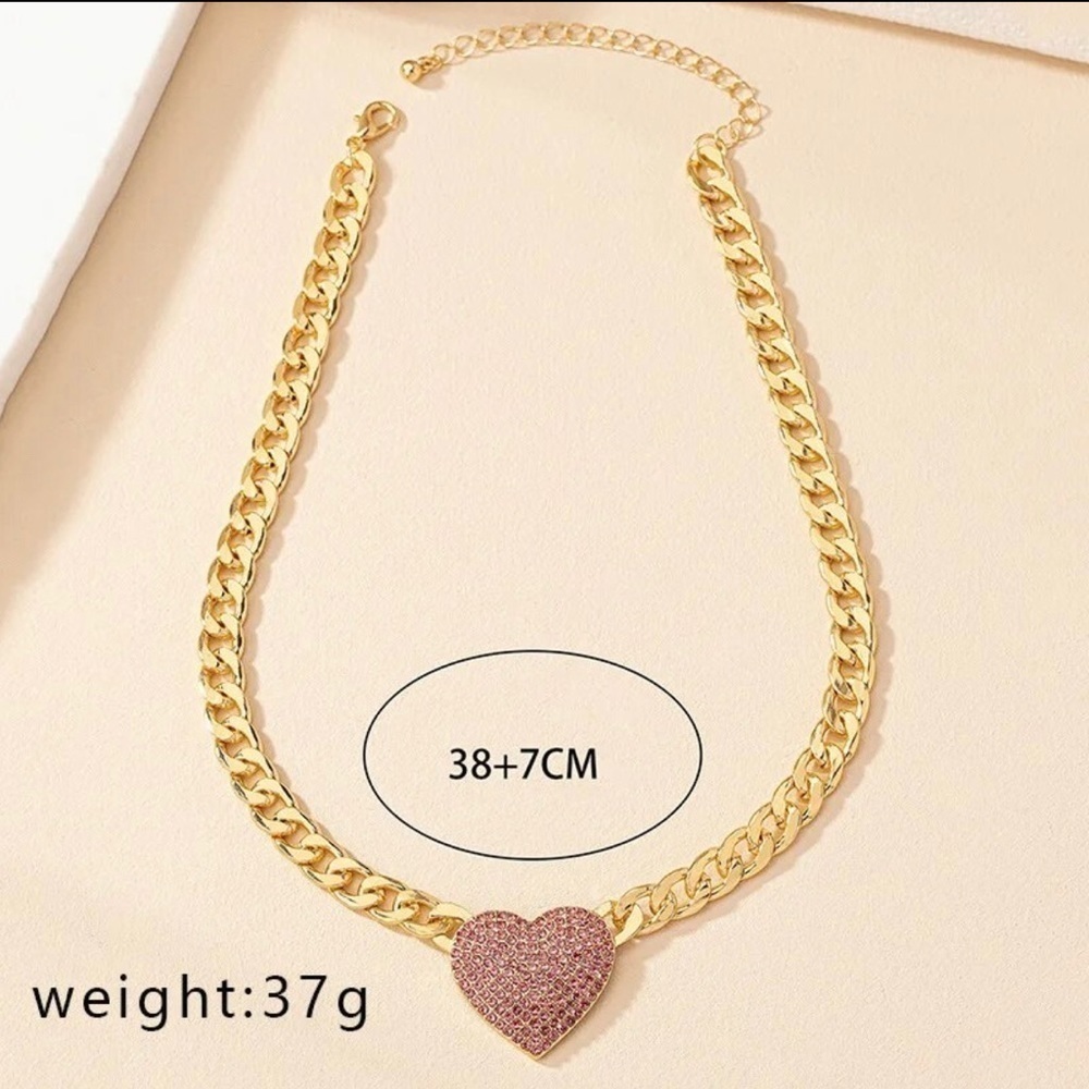 18K Gold Chunky Chain Choker Necklace With Pave Red Natural Zircon Center Heart - Picture 4 of 4